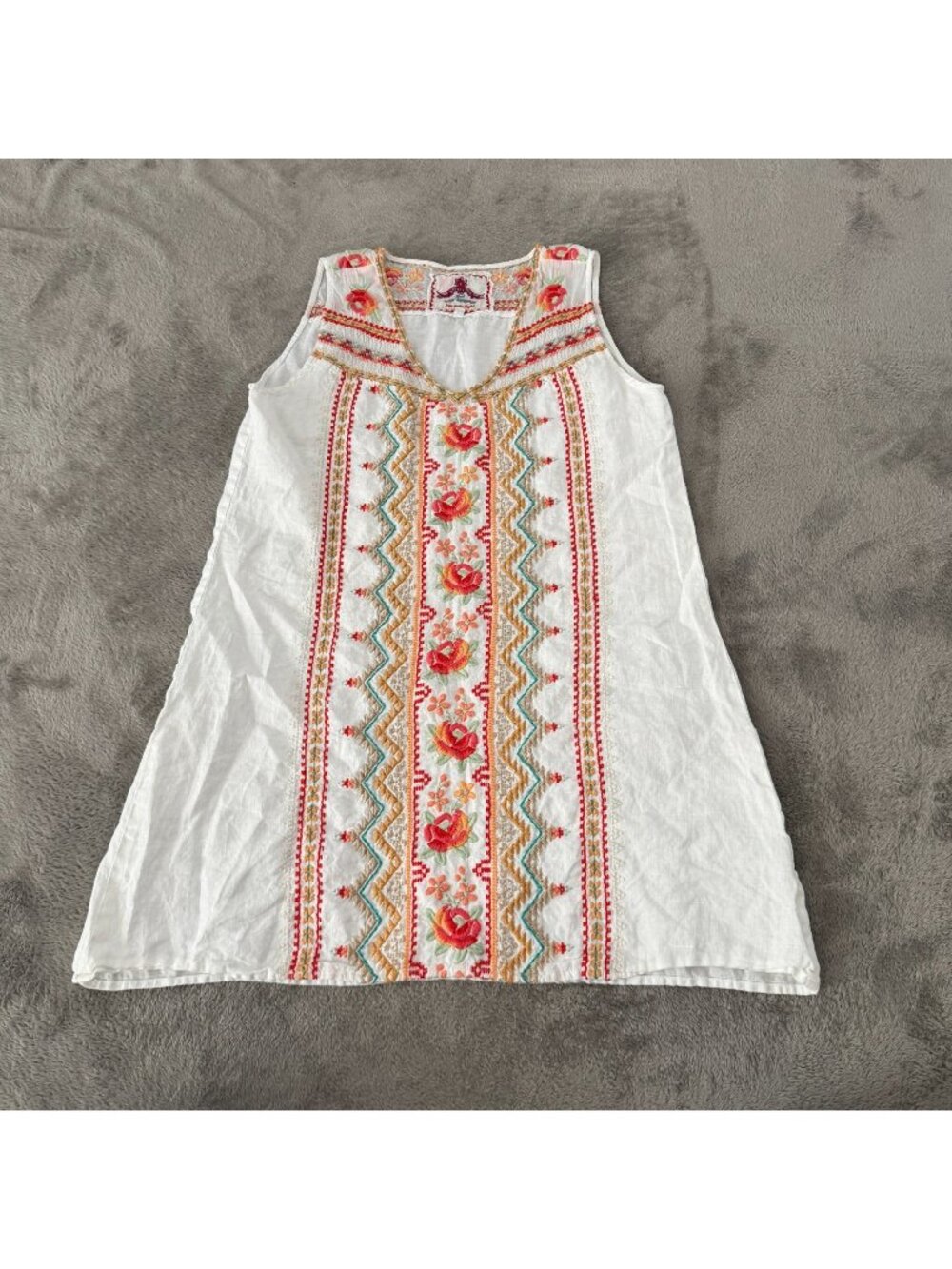 Johnny Was White Linen Sleeveless Embroidered Tunic Mini Dress MEDIUM
